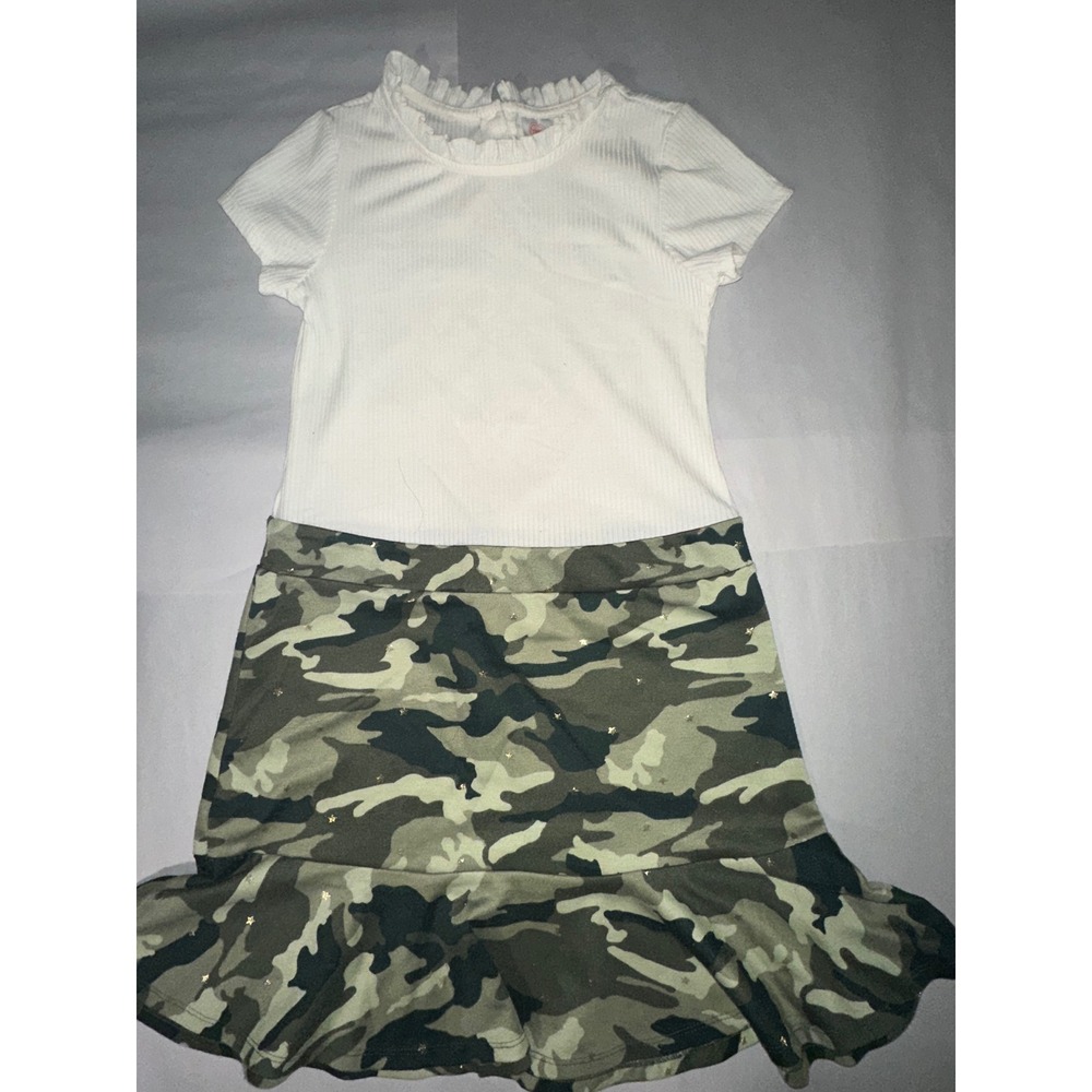 Wonder Nation Girls Camo Star Ruffle Dress White Ribbed Top Size L 10-12